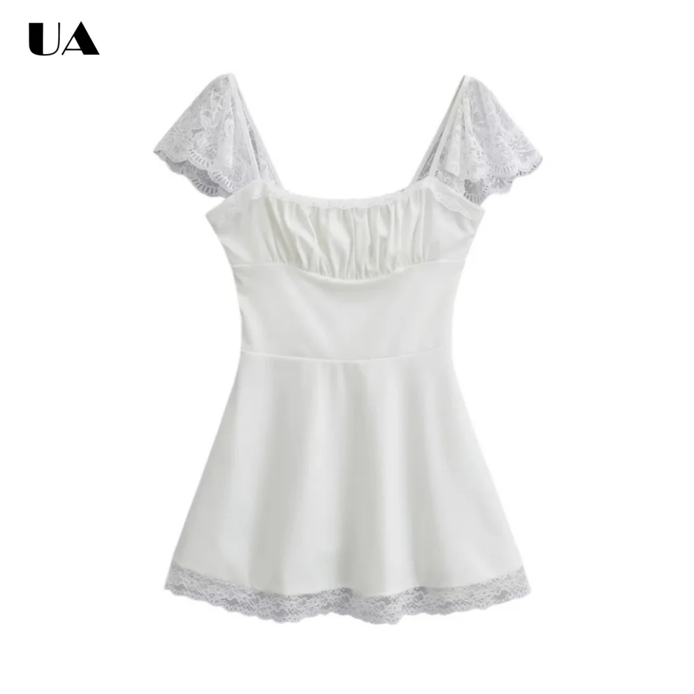 

Trendy Fit-and-flare Lace-trimmed Mini Dress, Simple Flying Sleeve Lace-up Short Dresses for Women, Fashionable Ruched Dress