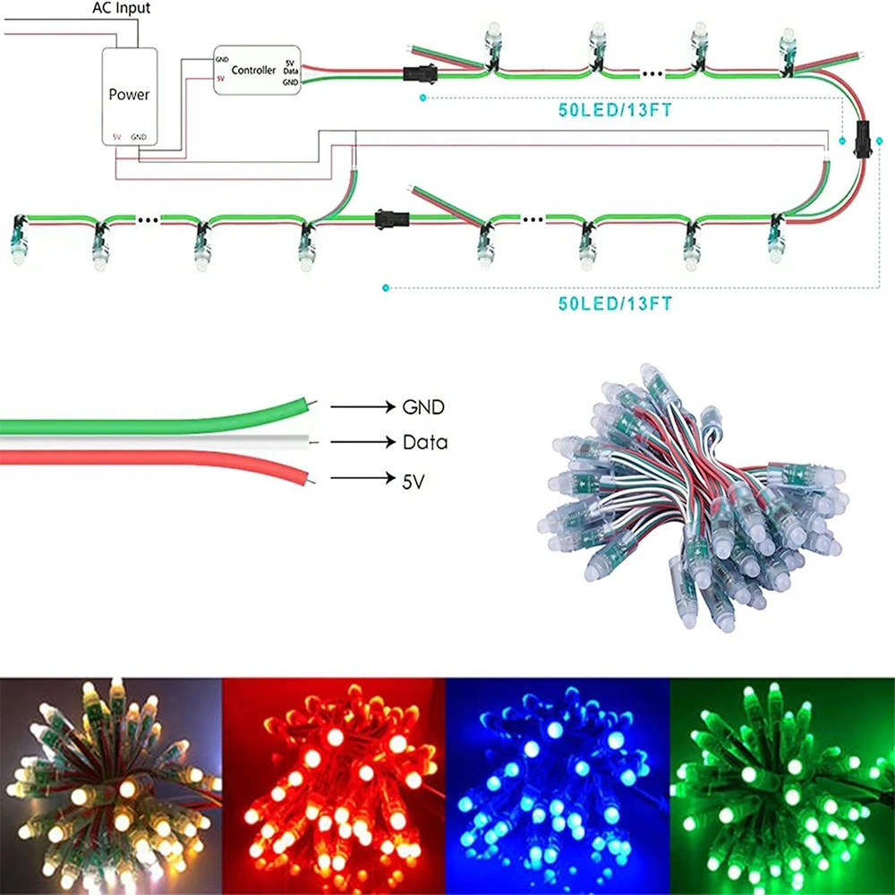 50szt DC 5V 12V WS2811 Pełnokolorowy moduł światła pikselowego LED 12mm 10cm Przewody IP68 Wodoodporne kolorowe cyfrowe struny LED RGB