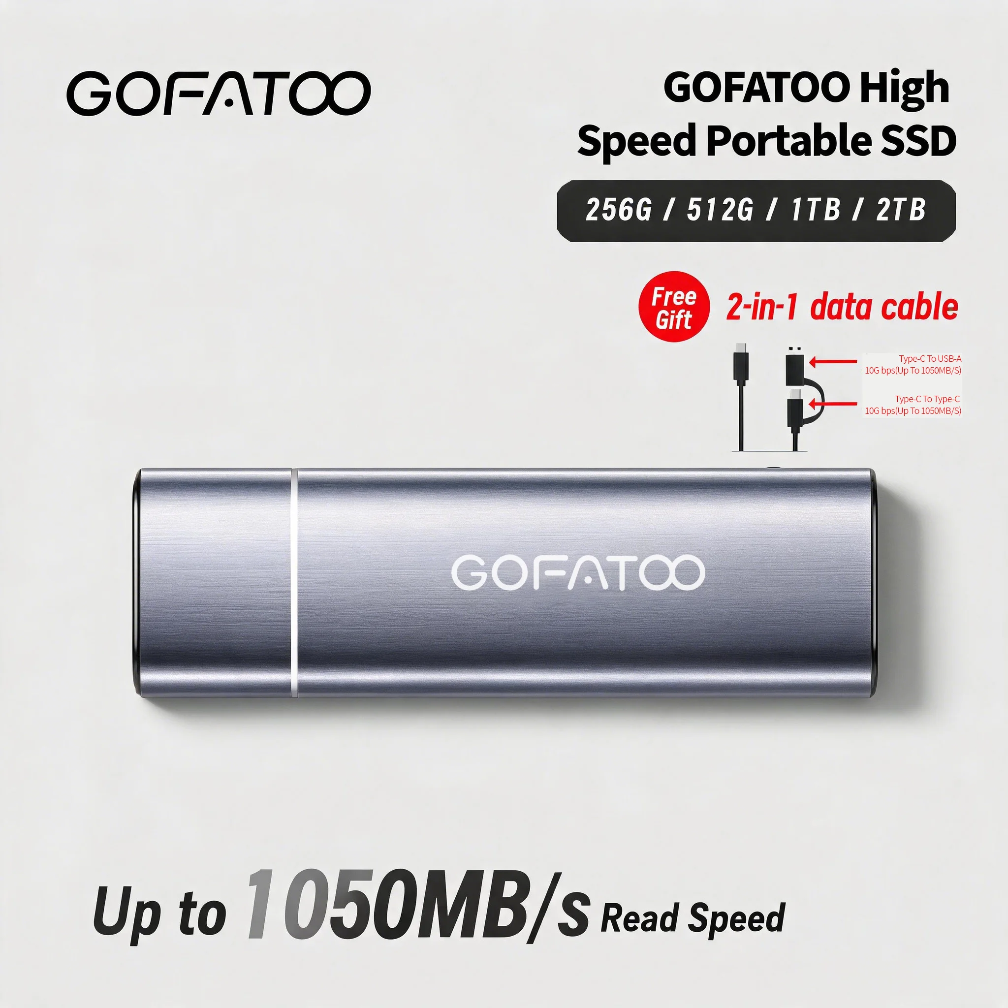 GOFATOO 1050MB/s USB3.2 Gen2 Type-C Portable SSD 256GB 512GB 1TB 2TB Storage PC Phone Tablet Computer Components
