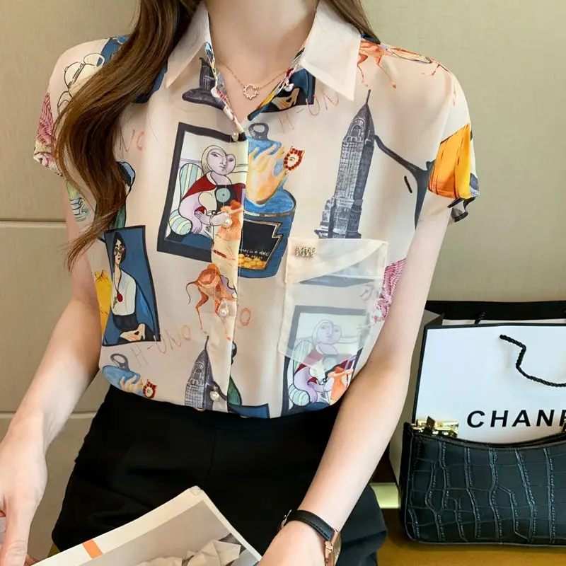 3XL Women Summer Spring Blouses Shirts Lady Fashion Casual Short Sleeve Turn-down Collar Flower Printing Blusas Tops G2541