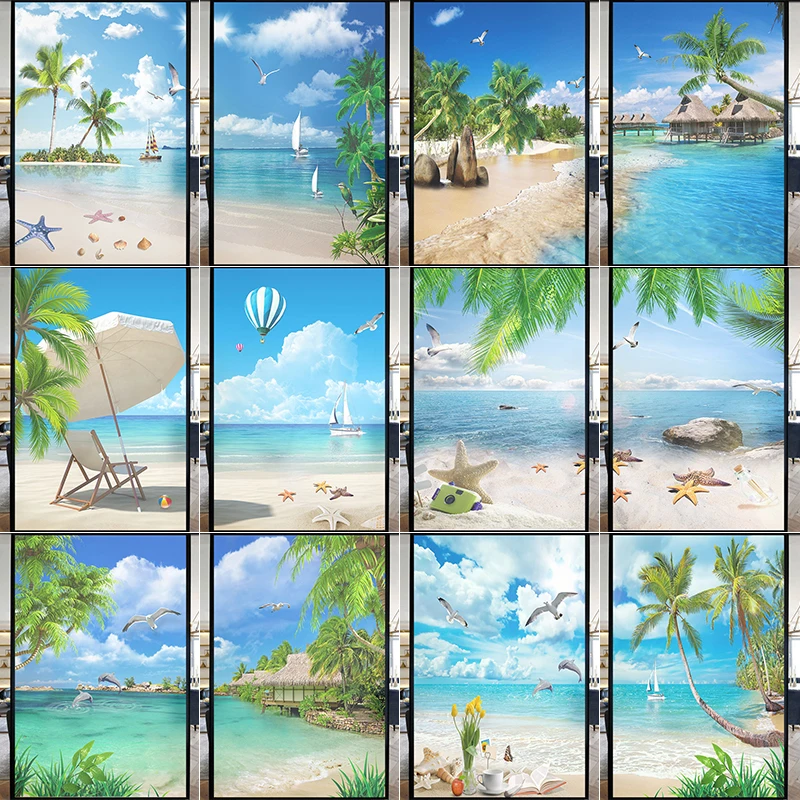 

Summer Ocean Scenery Window Film Sliding Door Privacy Window Stickers Static Cling Beautiful Beach Stained Glass Film