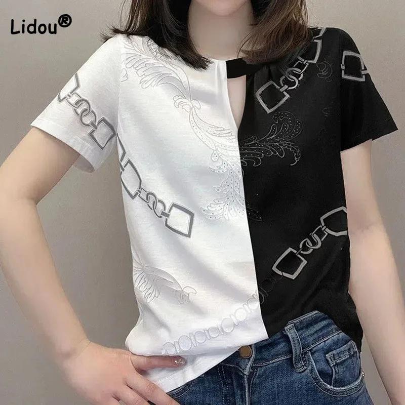 

Korean Simplicity Female Spliced Printed T-shirt Summer Fashion All-match Short Sleeve Casual Round Neck Tops Women's Clothing