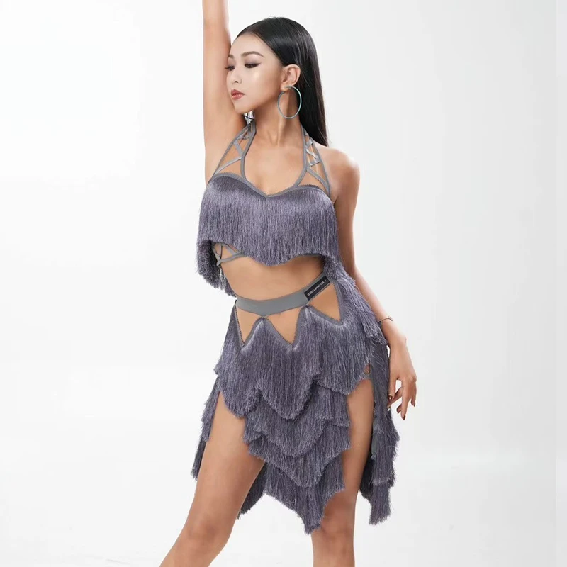 

6 Colors Tassels Latin Dance Competition Clothing Sets Women Fringed Dresses Cha Cha Rumba Samba Performance Costume DNV19627