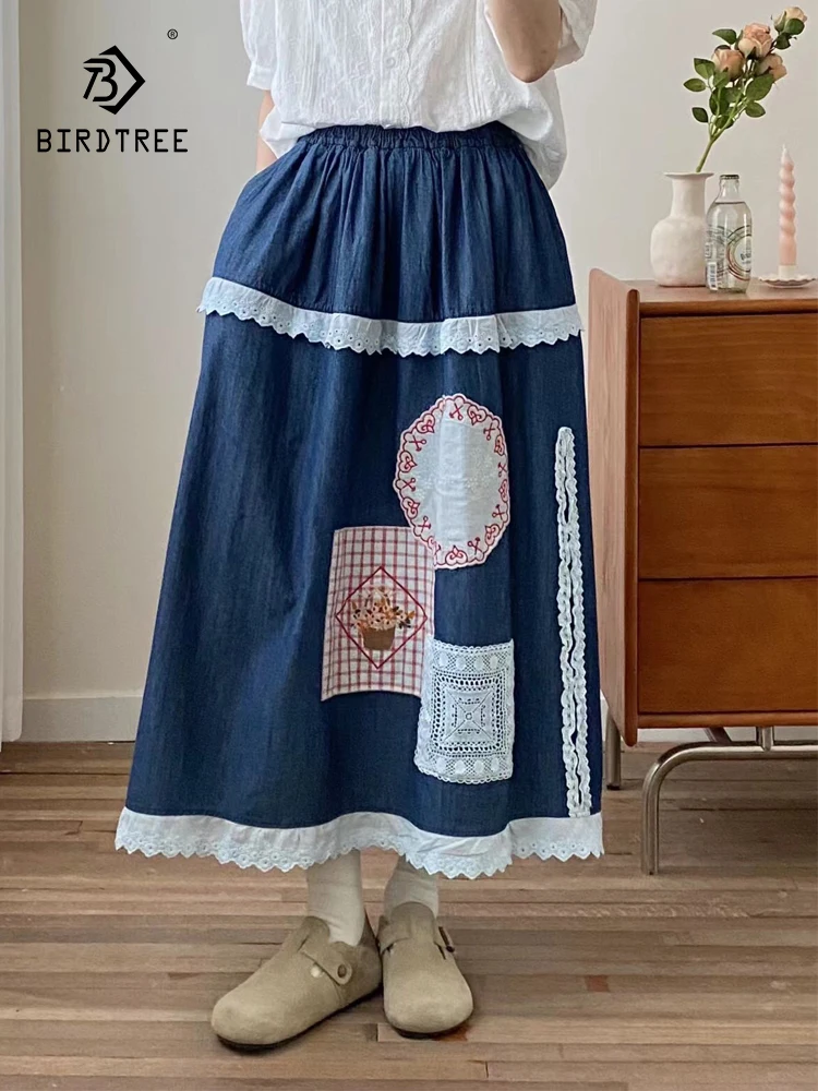 

New 2025 Summer Denim Skirt, Women Elastic Waist Lace Patchwork, Mori Girl Japan Style Sweet Chic Loose A-line Skirt B54863CC