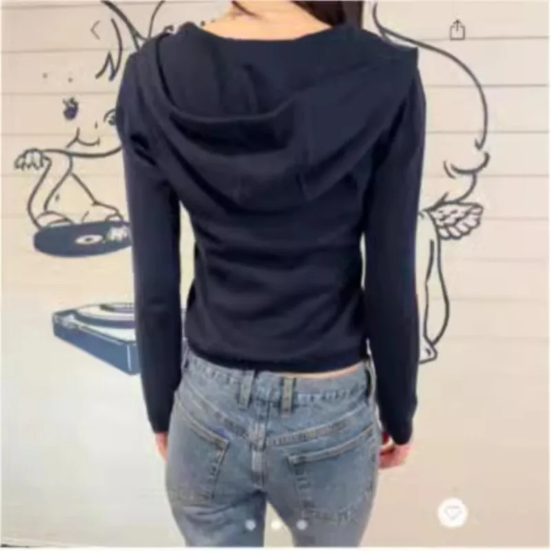 Navy Blue Lace-up Street Pullovers Sweater Knitting Hoodie Solid Color Y2K Harajuku Winter Tops Retro Fall Woman Clothing 2024