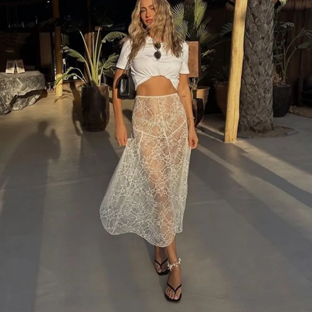

Solid Color Lace Beach Dress See-Through Design Elastic Waist Midi Skirts Low Waist Floral Lace Skirts Women Summer Beachwear