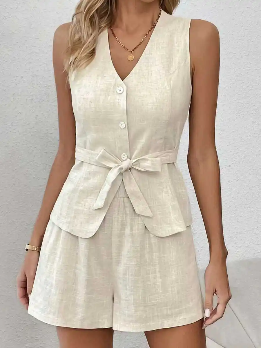 

Summer Faion Casual Svel Tank Top And orts Set Cotton V-ne Button Closure Two-piece Set for Women Ages 8-25