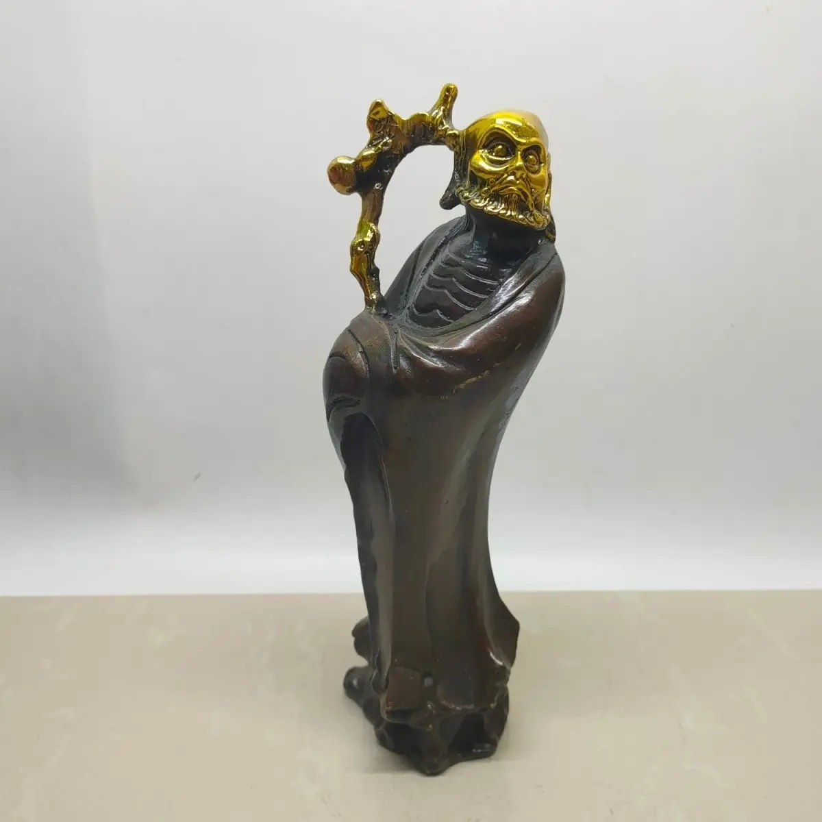 Gilt Brass Bodhidharma Buddha Statue, Zen Patriarch Copper Figurine for Worship & Decor