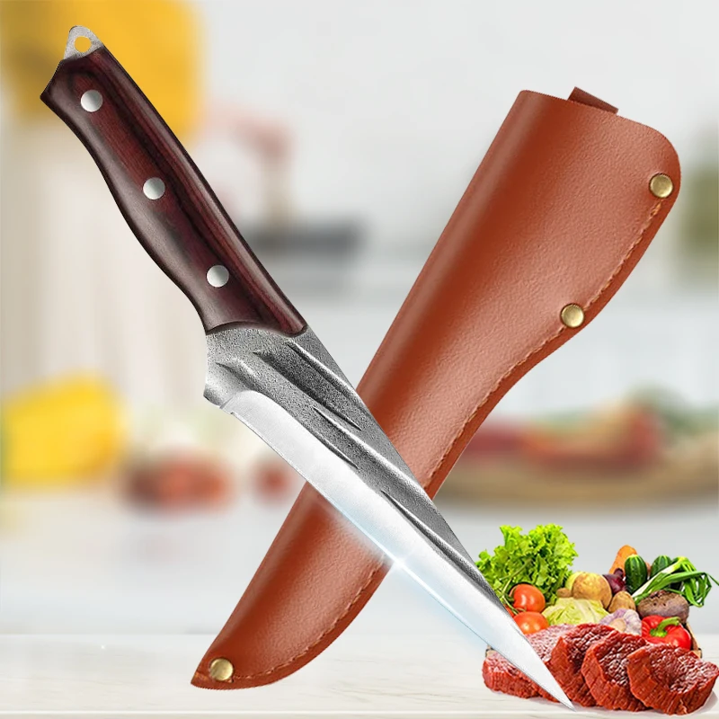 Hand Forged Kitchen Cleaver Stainless Steel Meat Vegetable Cutting Knife for Fish Meat,Chef's Peeling Boning Knife