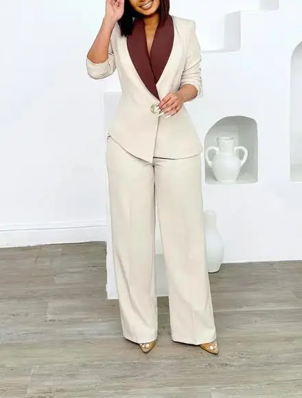 

Women's Contrast Collar Blazer and Wide Leg Pants Two Pieces Suit Single Button Closure Design Elegant Set