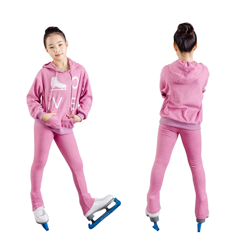 Customized Figure Skating Suits Jacket and Pants Long Trousers for Girl Women Training Ice Skating Warm black pink Mesh sleeve