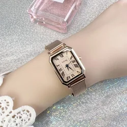 Stainless Steel Strap Women's Watches Rectangle Roman Dial Quartz Watch Casual Simple Luxury Foldable Buckle Gift Wristwatches