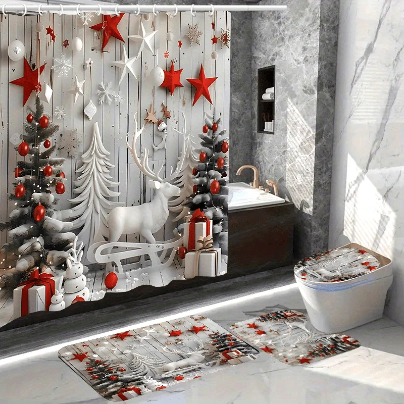 クリスマス防水シャワーカーテンセット,バスルームマット,滑り止めラグ,カーペット,便座カバー,12フック,家の装飾,1個,4個