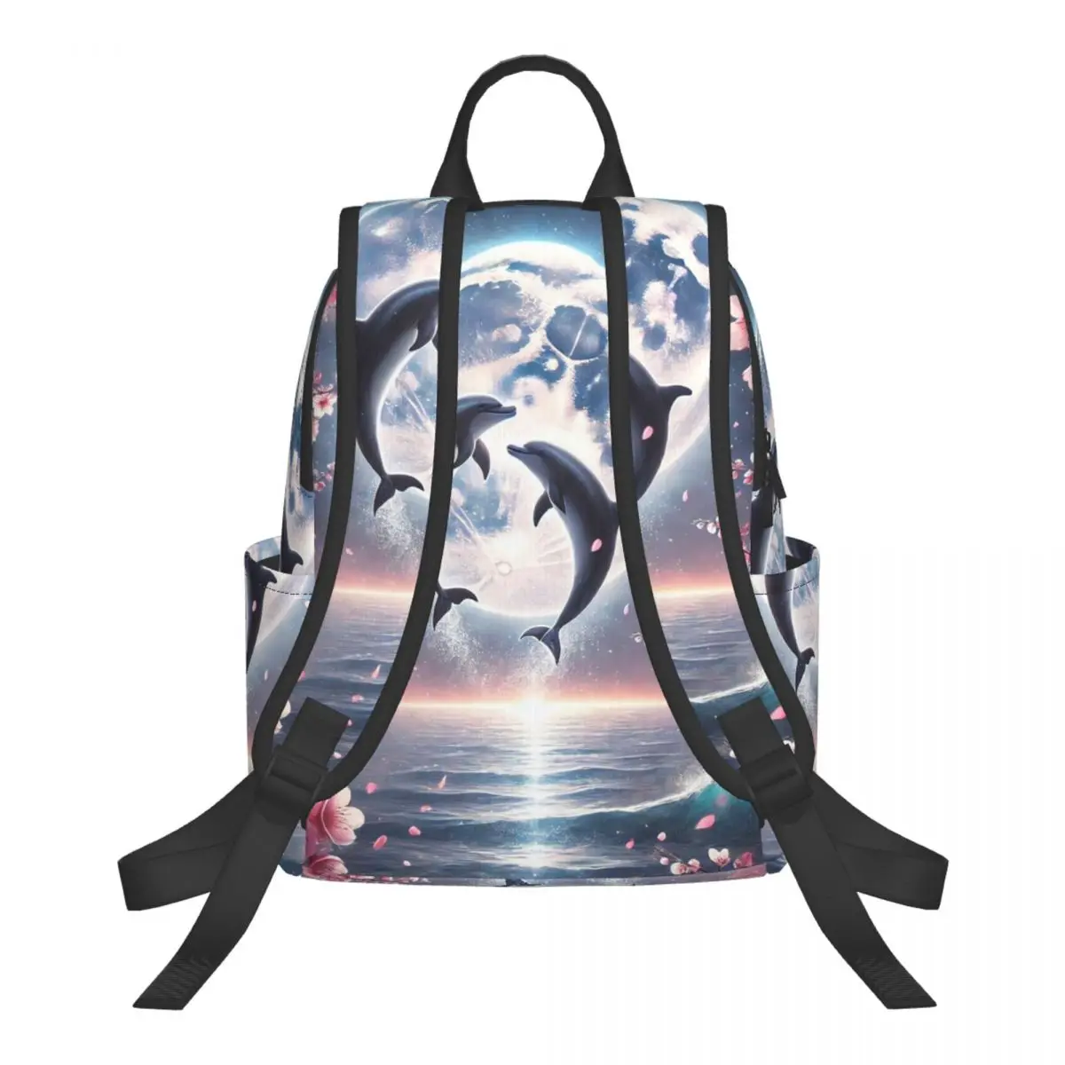 Dolphin With Moon And Floral Sunset Student Backpack School Bag Hiking Travel Daypack for Boys Girls Bookbag Shoulder Bags