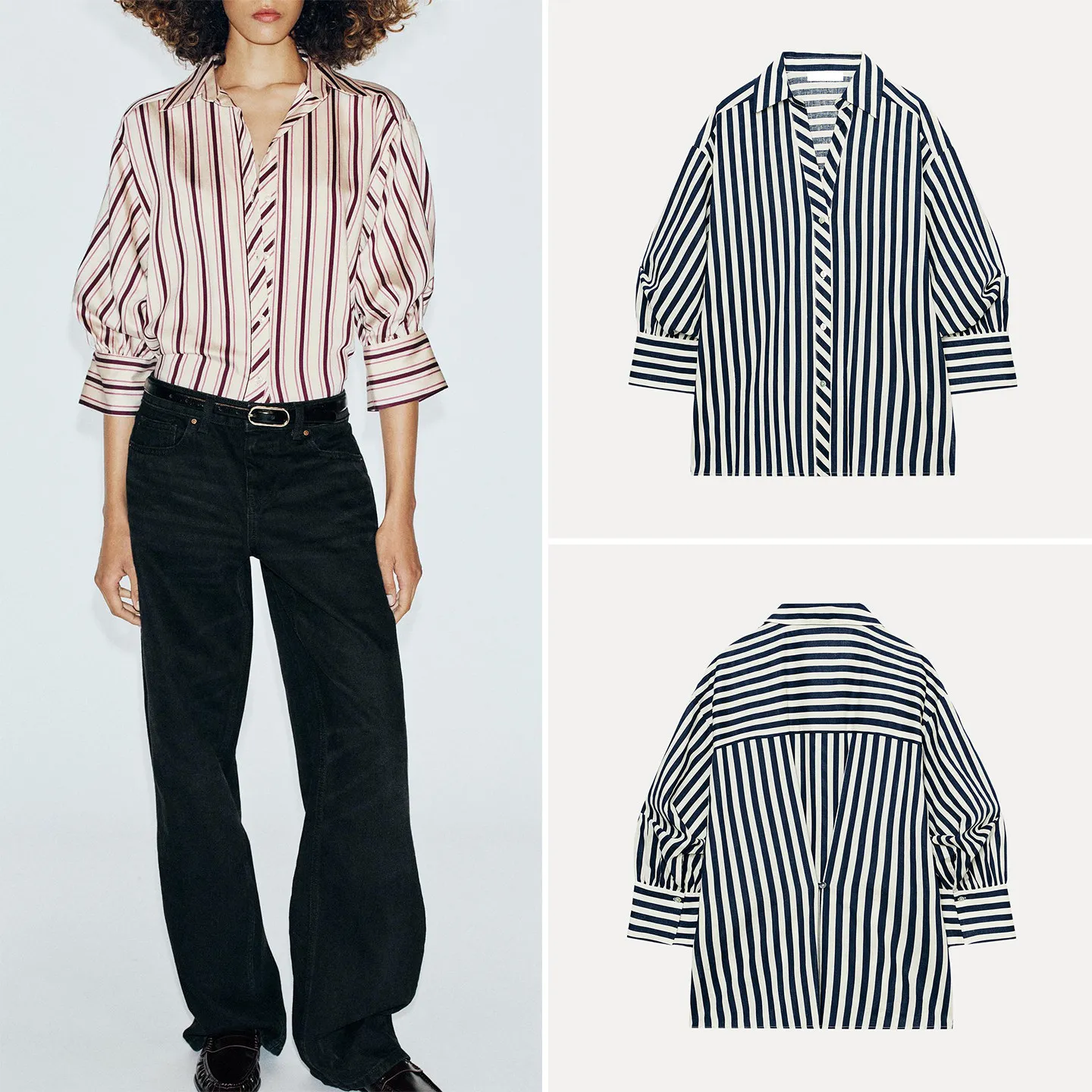 Fashionable Striped Bubble Sleeve V-Neck Collared Shirt Women's Autumn Wear ZADATA Brand Long Sleeve Other Material 100%