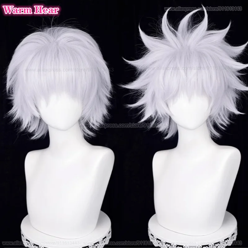 Anime Killua Zoldyck Synthetic Cosplay Wig Short 30cm Silver White Wig And Hat Heat Resistant Hair Halloween Party Wigs +Wig Cap