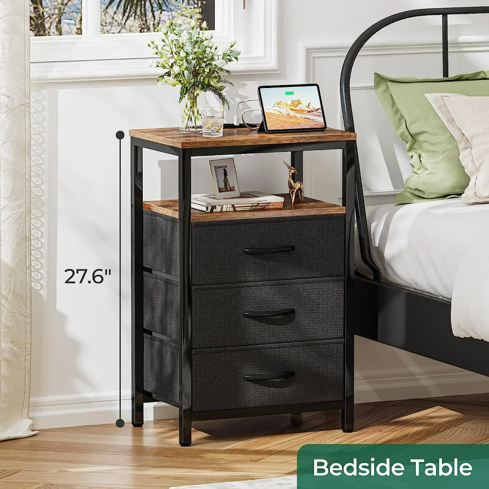 

Nightstand with Charging Station, 27.6 Inch Side Table with Fabric Drawers, Bedside Table with USB Ports,Night Stand,Brown&Black