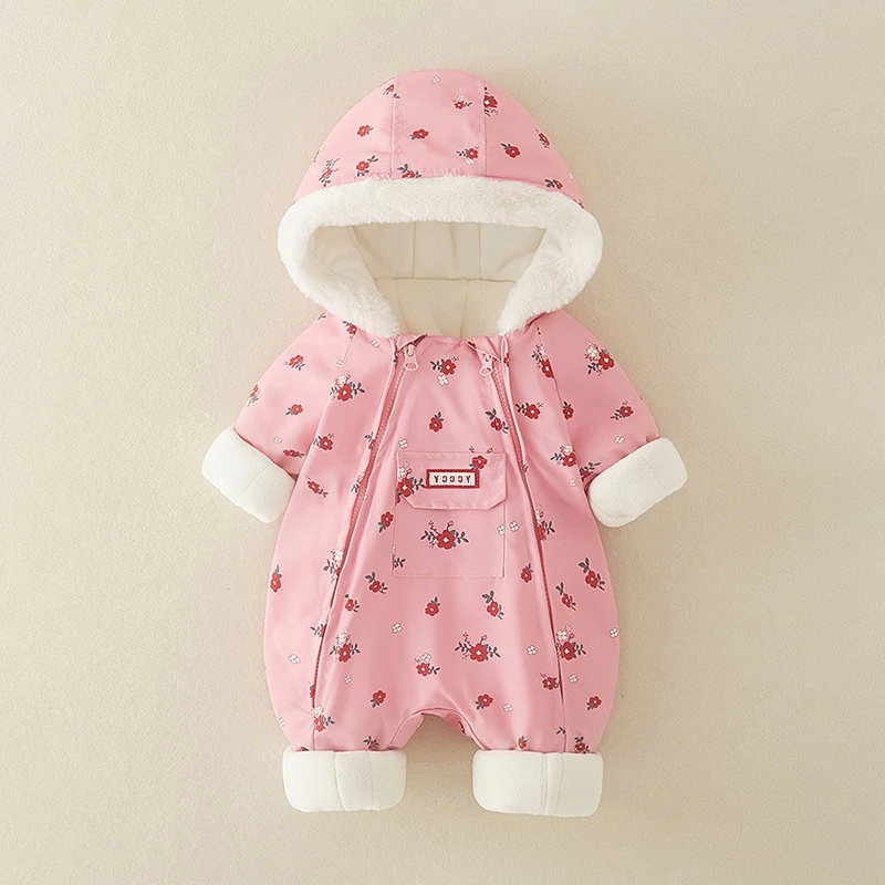 LILIGIRL Winter Baby Snown Clothing Newborn Thick Jumpsuit Infant Boys Fur Lining Romper Girls Print Waterproof Outwear 0-2Y
