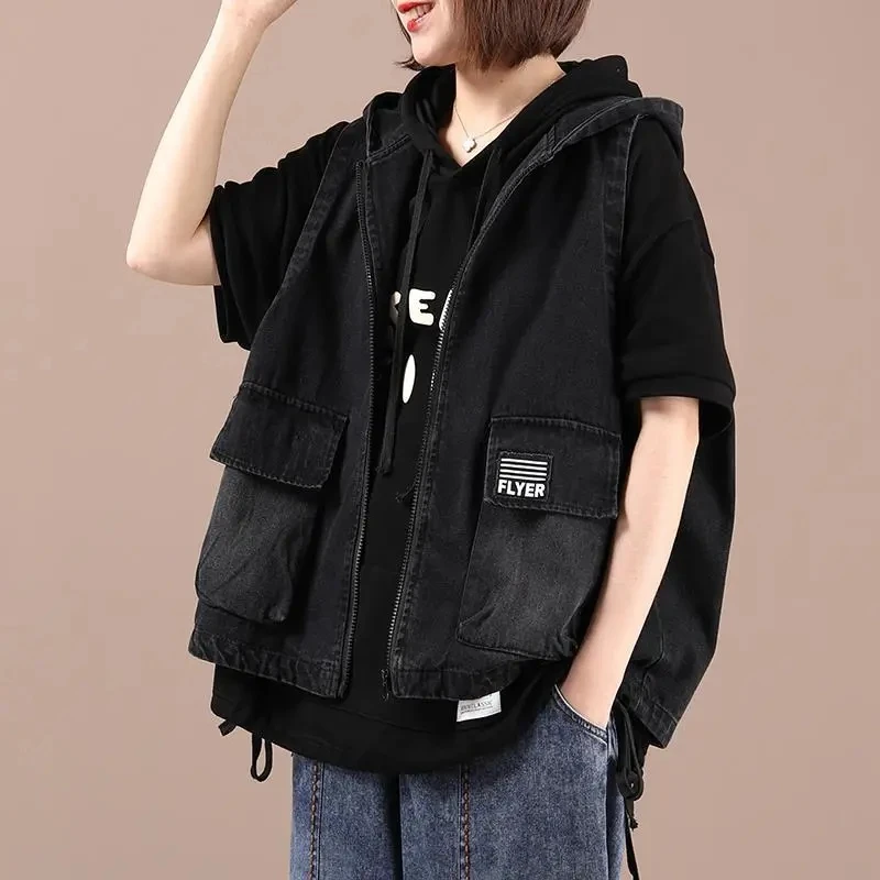 

Peacock Feifei Autumn Ladies New Korean Meat Covered Retro Old Hooded Vest Women Printed Stitching Denim Vest Cardigan Female