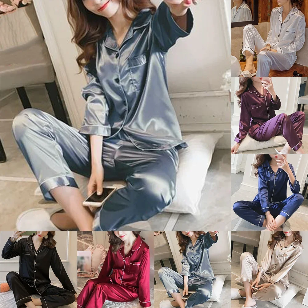 Frauen Satin Langarm Pyjama Set Revers Top Und Hosen Solide Pyjamas Loungewear 2024 Neue Ankunft Drop-versand