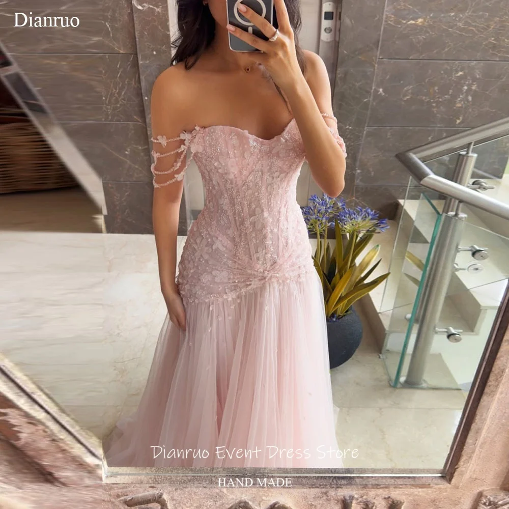 Dianruo Pink Off Shoulder Evening Dresses Tulle A Line Robe D't Femme Beaded Straps Vestidos De Fiesta Elegantes Customized