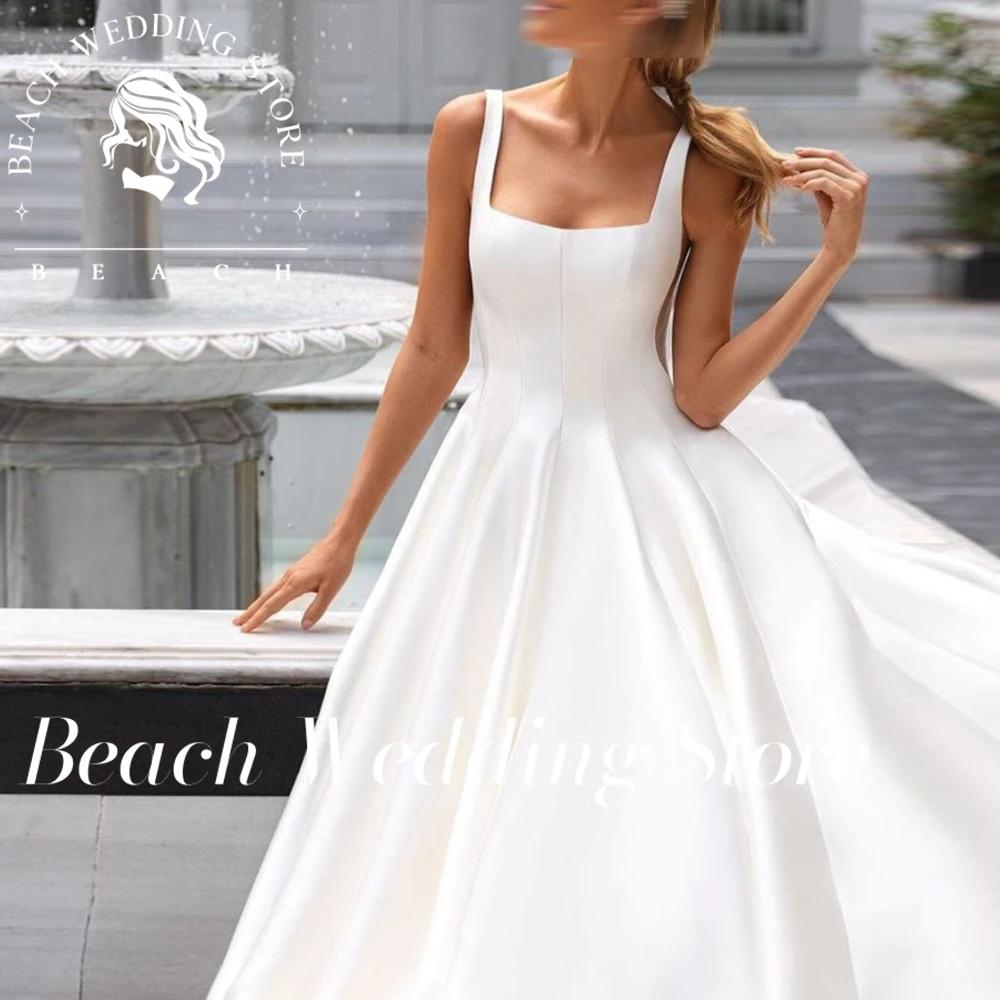 Beach Customized Elgant Spaghetti Straps Square Collar Wedding Backless A-Line Chiffon Wedding Gown Plus Size Princess Dress