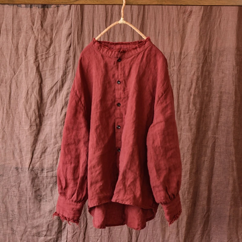 

100% Linen Women Long Sleeve Shirt New 2025 Autumn Vintage Style Stand Collar Solid Color Loose Female Casual Tops Shirts M1787