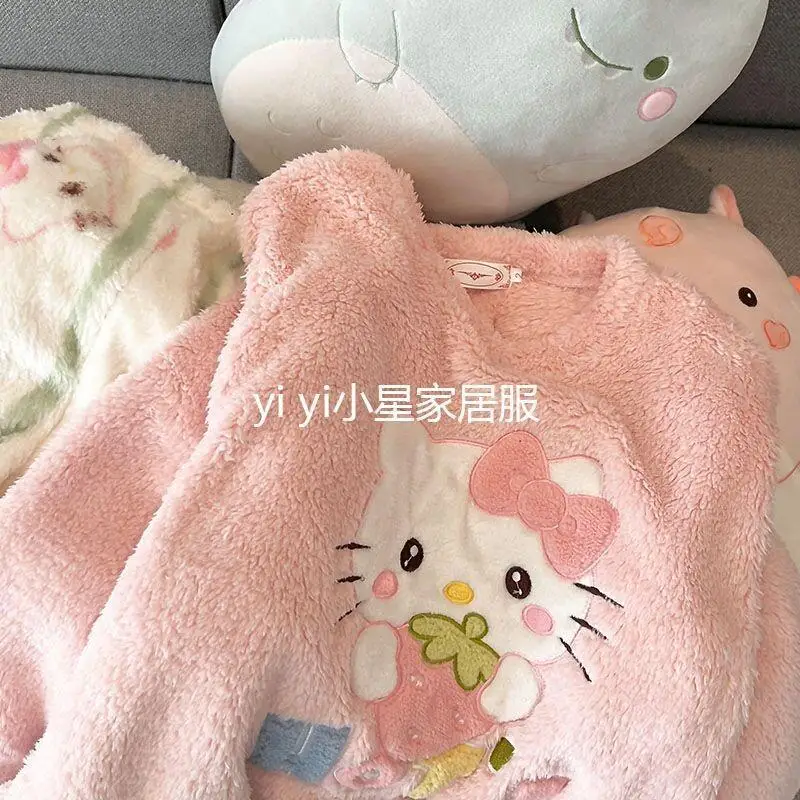 

Комплект пижам Sanrio Hello Kitty, коралловый женский флисовый комплект для дома, розовый, с длинными рукавами, с героями мультфильмов, милый, теплый, утолщенный, весна-осень-зима