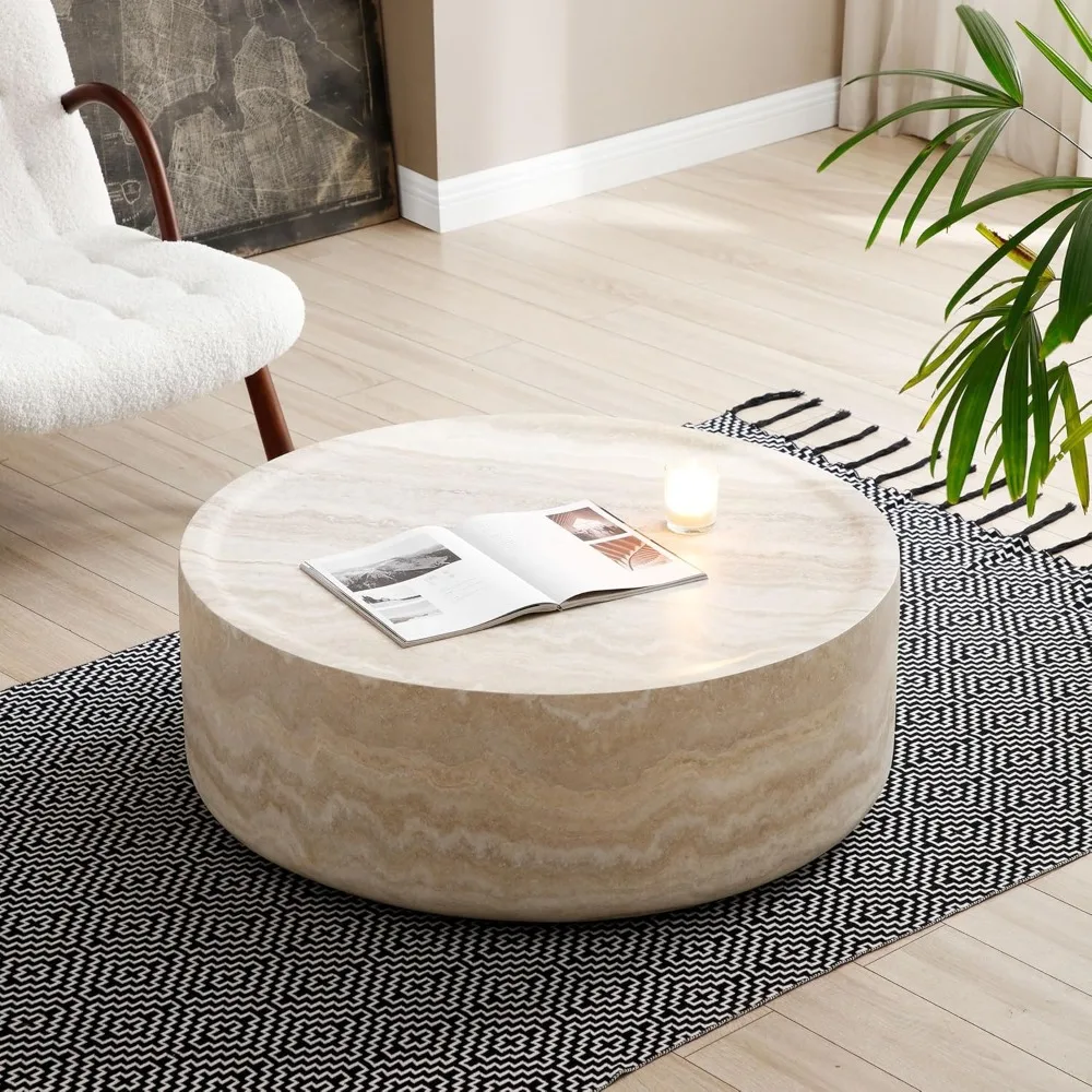 39.37” Round Coffee Table, Modern Tea Faux Travertine Textured Table, Fiberglass Side Table Living Room, No Need Assembly