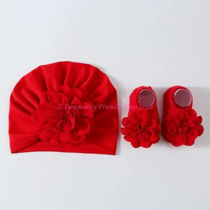 

85AE Детская шапка-тюрбан с цветочным узором, Нескользящие детские носки, шапка для фотографий для новорожденных и носки до 2