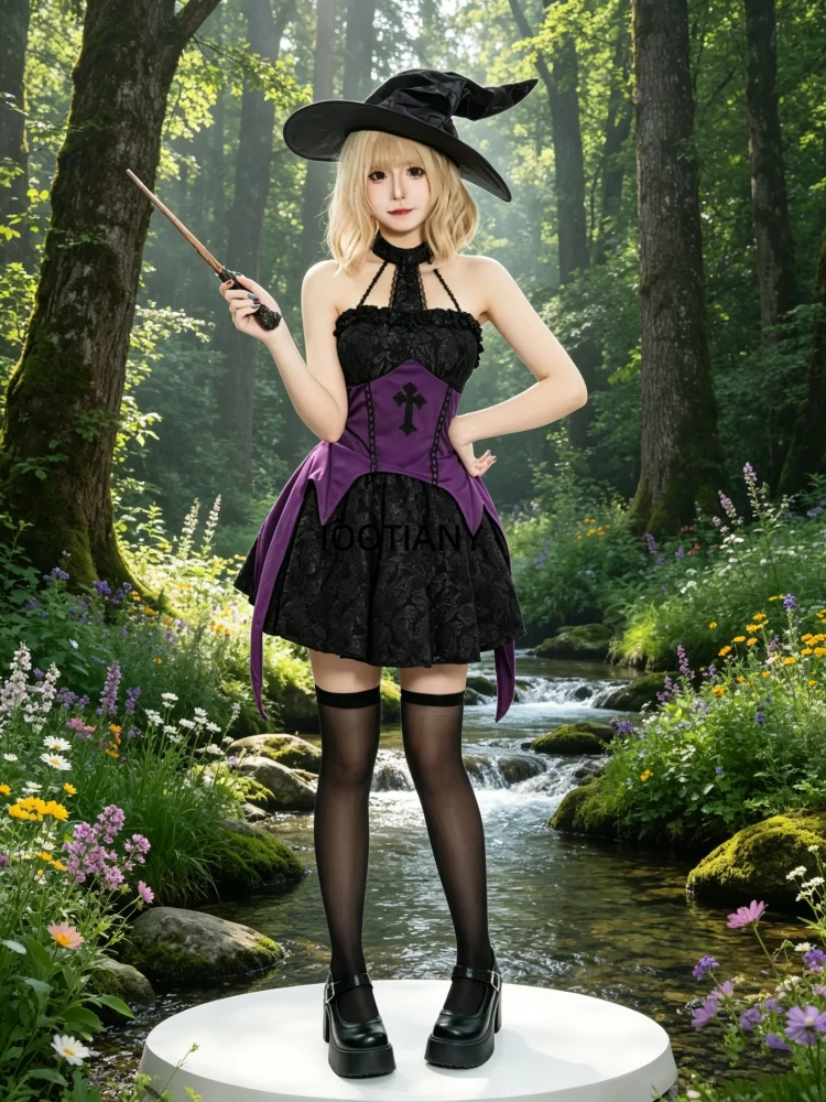 

Witch Cosplay Costume Women Black Halter Neck Dress Dance Performance Stage Fancy Dress Masquerade Punk Outfit