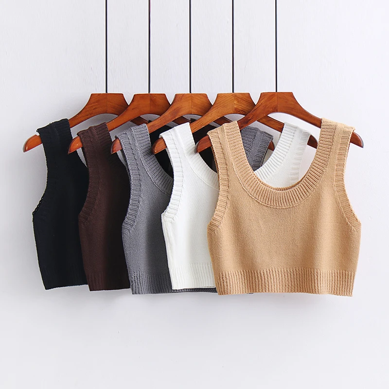 Pure Color Knitted Vest Women's Early Spring New Style Short Sleeve Sweater Outerwear Layering Fashion round Neck Top