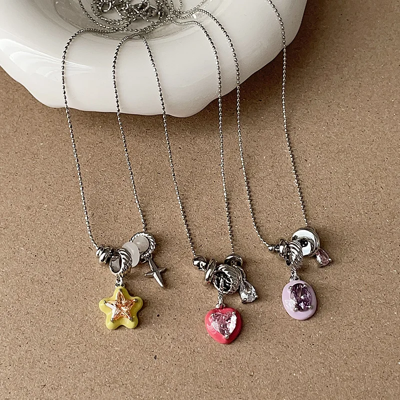 Minar French Colorful Enamel CZ Cubic Zirconia Starburst Water Drop Star Pendant Necklaces for Women Silver Plated Chain Chokers