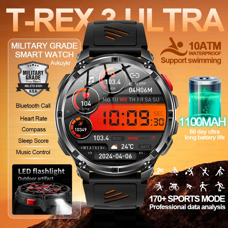 2026 جديد T-REX3 ساعة ذكية خارجية 1.7 ''AMOLED شاشة 1100mAh بطارية كبيرة 10ATM مقاوم للماء البوصلة الرياضة الرجال سوار لياقة بدنية