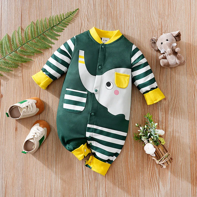 

Baby Clothes Cute Striped Elephant Print Comfortable And Soft 0-18 Boys And Girls Spring And Autumn Long Sleeved Baby Jumpsuit