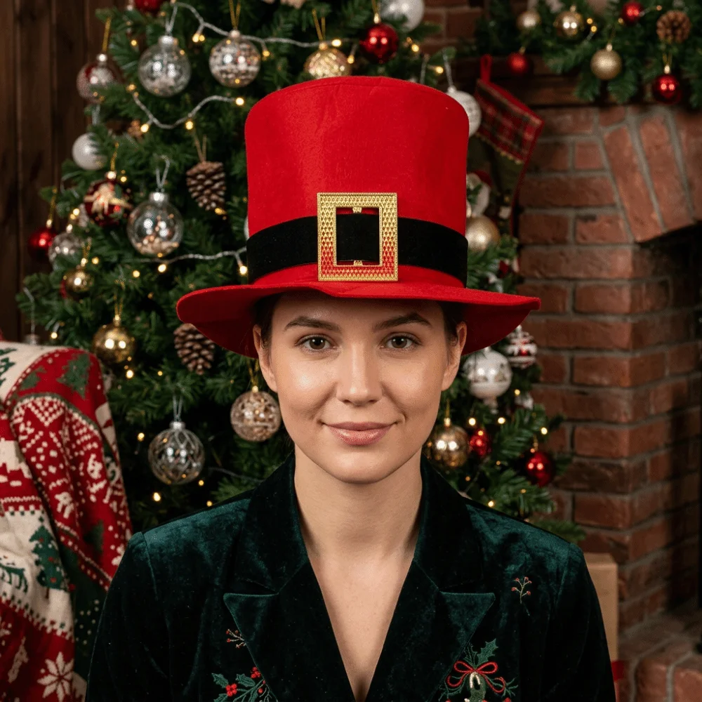 Comfortable Red Christmas Top Hat Black Belt Gold Button Santa Claus Hat High Hat Foldable Cowboy Hat Party