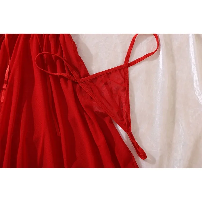 مثير البرازيلي وحزام الرباط الملابس الداخلية الساخن الأحمر فستان بيبي دول المثيرة المرأة رائعة 3 قطعة مجموعات ثونغ ثوب النوم مجموعة مع حلقات الساق