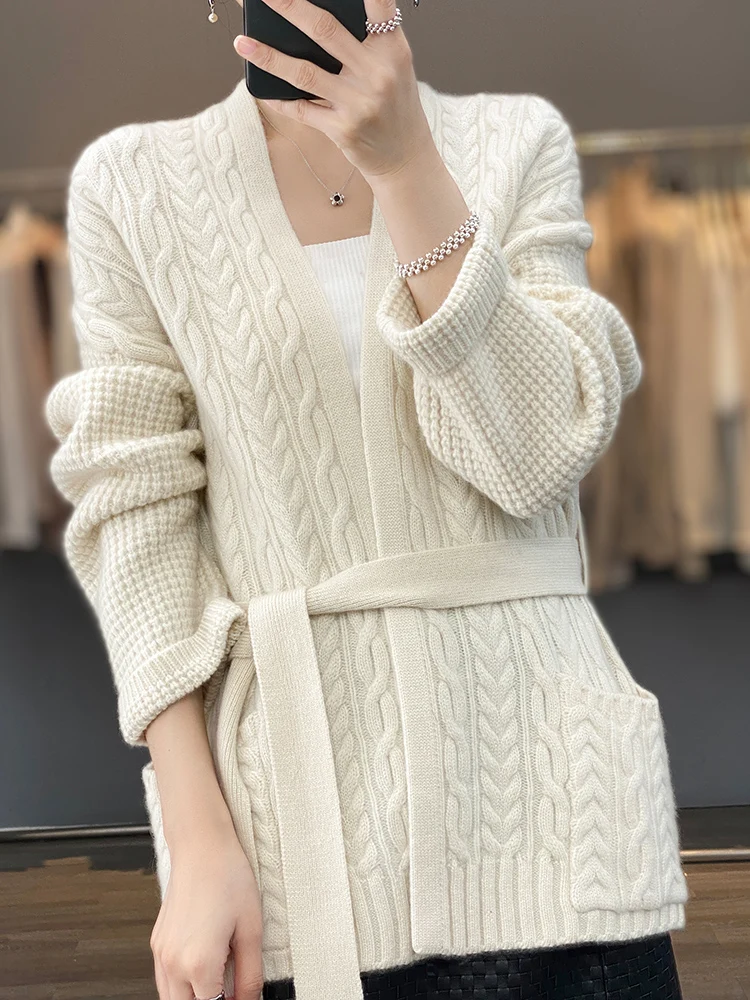 

Merino Wool 100% Women's Cardigans Long Sleeve Tops Lapel Collar Warm Outerwear New Arrivals Fashion cashmere Cardigans Sweater