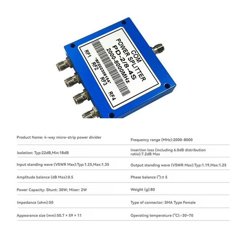 2-8 جيجا هرتز مقسم الطاقة عالي الأداء 4-Way Microstrip RF مقسم الطاقة مع موصلات SMA أنثى