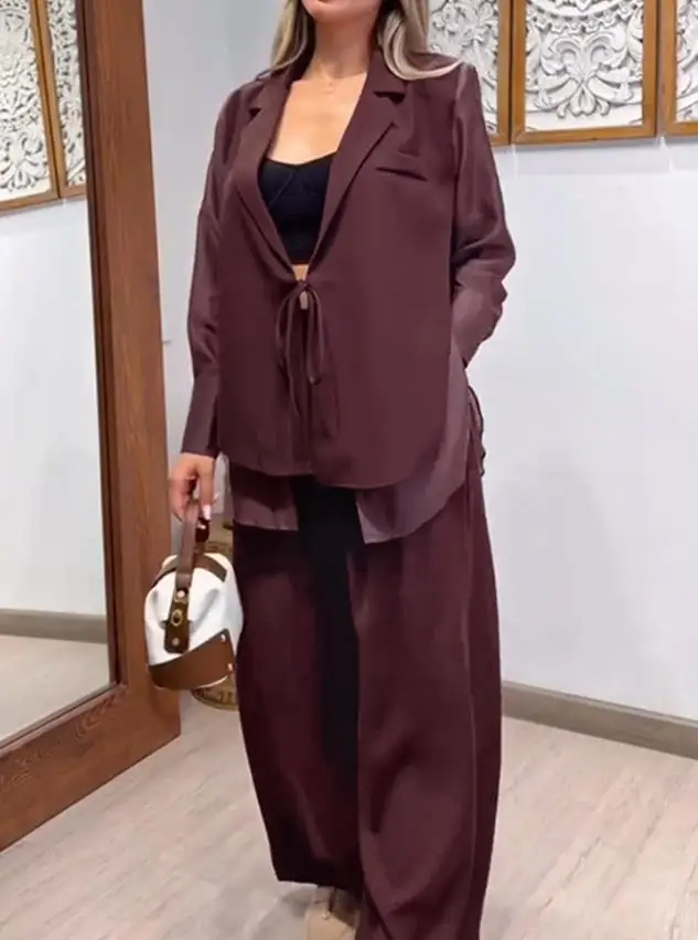 

2 Pieces Outfit Long Sleeve Lace Up Chiffon Patchwork Blouse Blazer and Casual Wide Leg Pants Set
