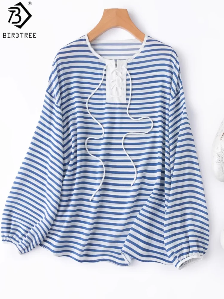 

Birdtree, 100% Real Silk Stripe Blouse, O-neck Full Sleeve Tops, Women Double Crepe Strap Casual Shirt, 2026 Spring New T63006JF