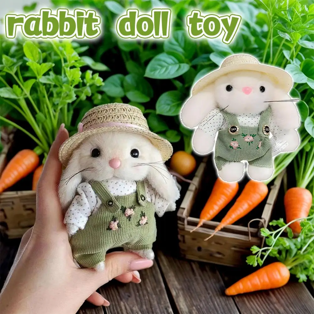 14cm 만화 정원사 밀짚모자 토끼 인형 장난감 귀여운 흰색 긴 귀 토끼 어린이 인형 장난감 열쇠고리 배낭 펜던트