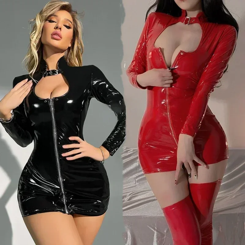 Women Latex Short Dress Fetish Sexy Zipper Bodysuit Women Underwear PU Leather Erotic Lingerie Party Dresses Adult Sexy Clothes