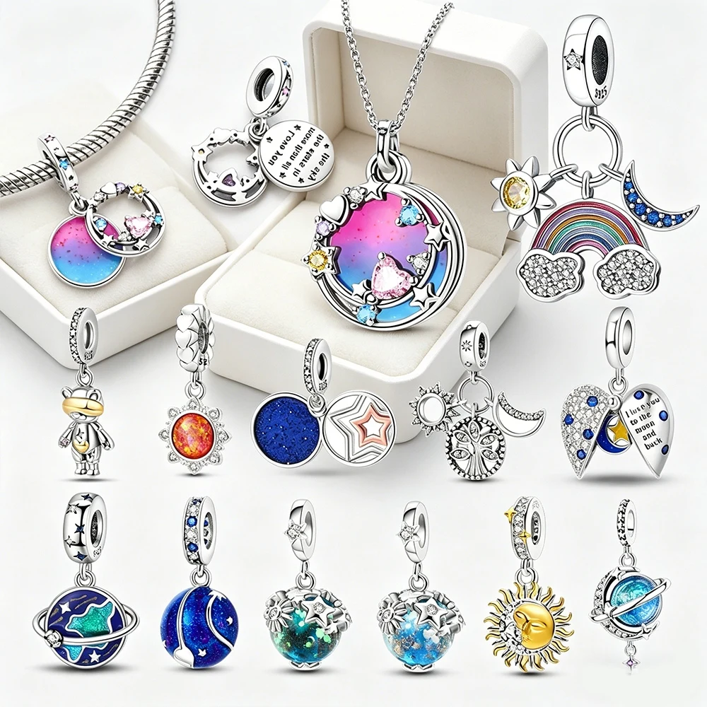 Space Theme Charms 925 Sterling Silver Original Certified Beads Fit Bracelet Women Jewelry Making Diy Star Moon Design Colorful