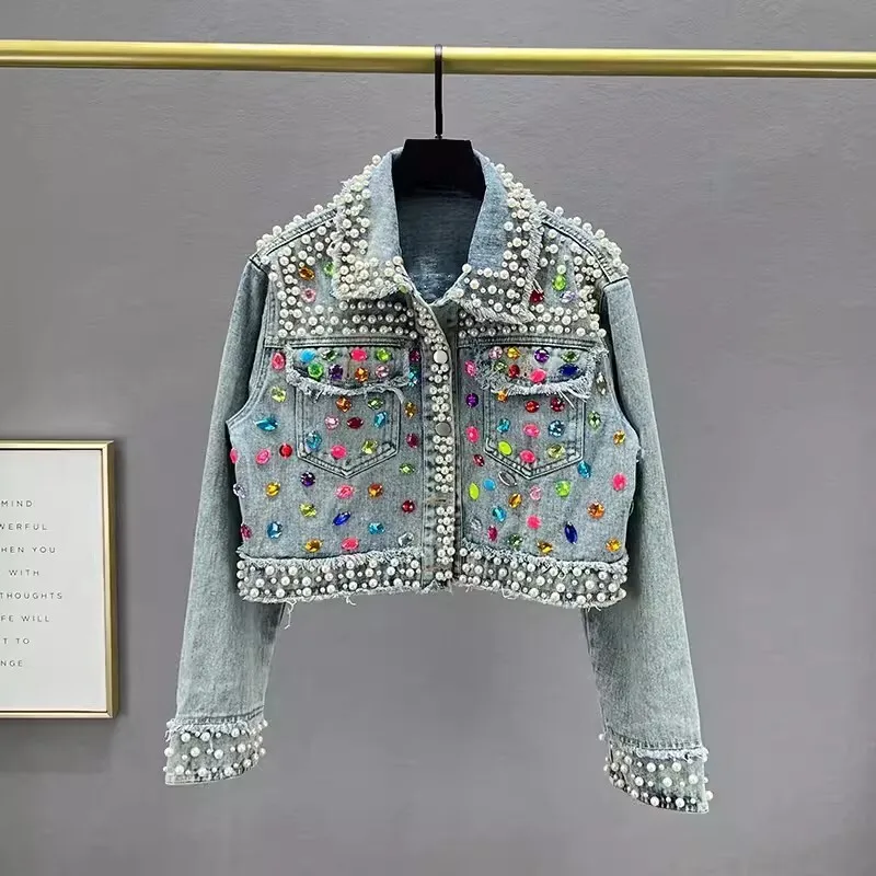 

beading Denim Coat Women New Fashion Full Pearls Colored Crystal Diamond Long Sleeve short loose Burrs jeans Jacket Female T497