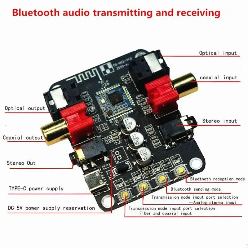 2 in 1 Receiver Transmitter Bluetooth 5.0 Wireless Adapter Digital Coaxial Optical 3.5MM Stereo Audio 24BIT 192K DAC Board