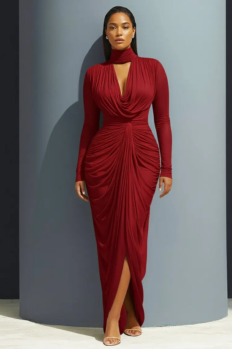 Customized Keyhole Bodycon Prom Dress Halter Full Sleeve Ankle Length Evening Party Gown Pleated Sheath Maxi Dresses