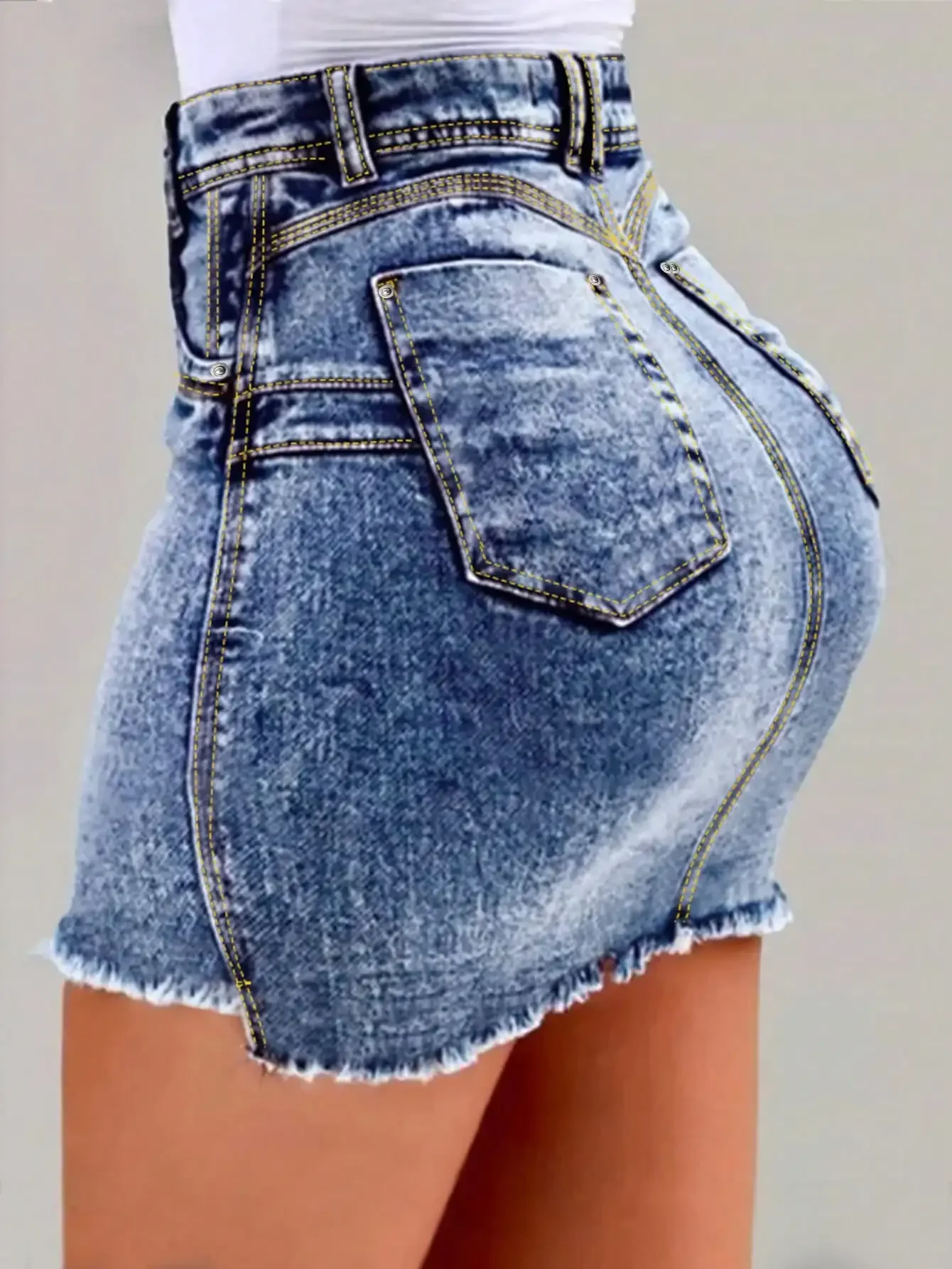

High-Waisted Distressed Denim Mini Skirt with Frayed Hem and Contrast Stitching