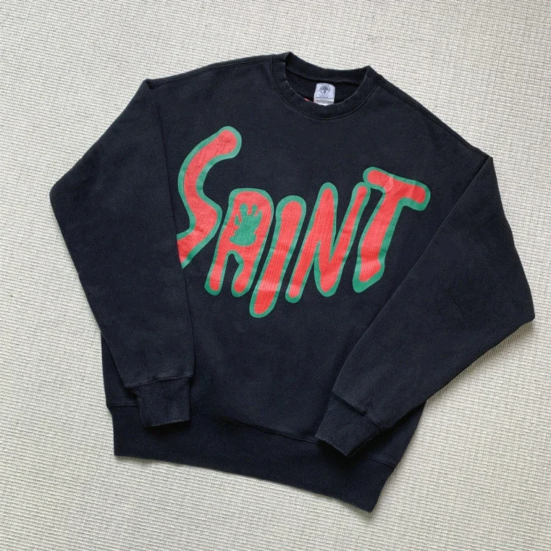 

25SS Loose Saint Michael Round Neck Sweatshirts Pure Cotton Hoodies Washed Black Tracksuit Set