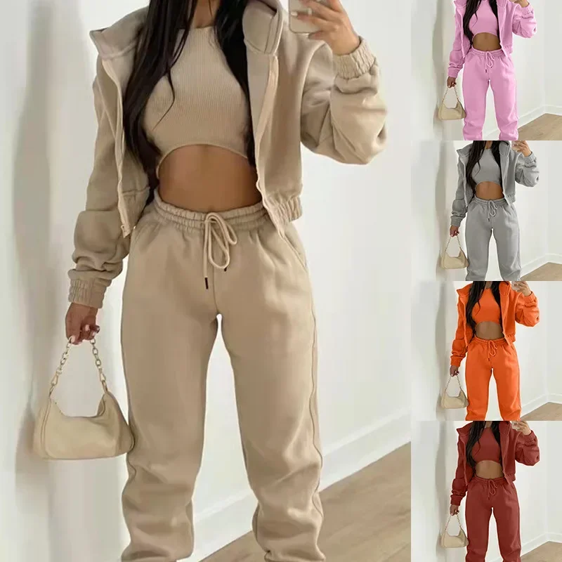 

Matching Sets Autumn and Winter Women's New Comfort Sweatshirt Hooded Sports Leisure Suit Three-piece Set Pant Sets